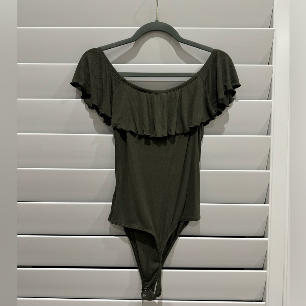 Express off the shoulder ruffle green bodysuit